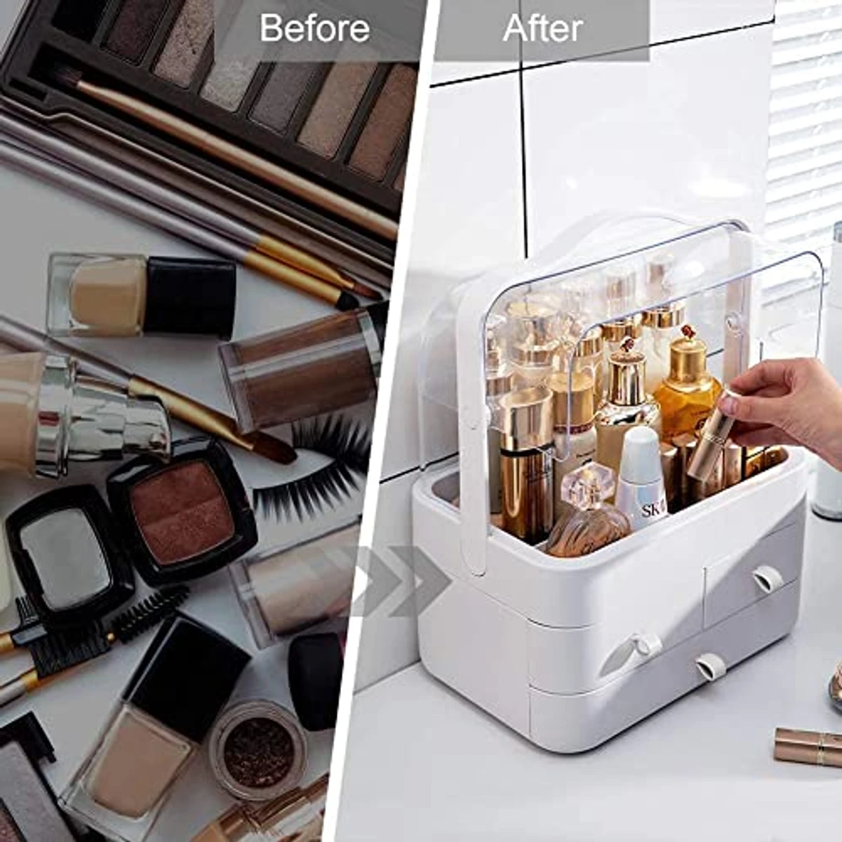 KRIVA ABS Plastic with Acrylic Makeup Cosmetic Storage Box | Dust-Proof Desktop makeup Organizer with 3 drawer For Bathroom |Bedroom|Dressing Table|Lipstick Skincare Holder Great for Countertop(1pcs)