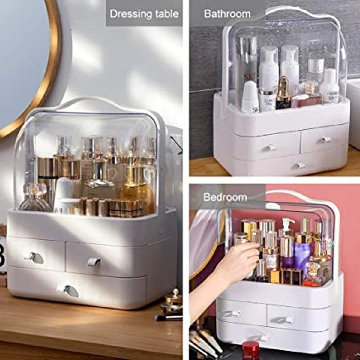 KRIVA ABS Plastic with Acrylic Makeup Cosmetic Storage Box | Dust-Proof Desktop makeup Organizer with 3 drawer For Bathroom |Bedroom|Dressing Table|Lipstick Skincare Holder Great for Countertop(1pcs)
