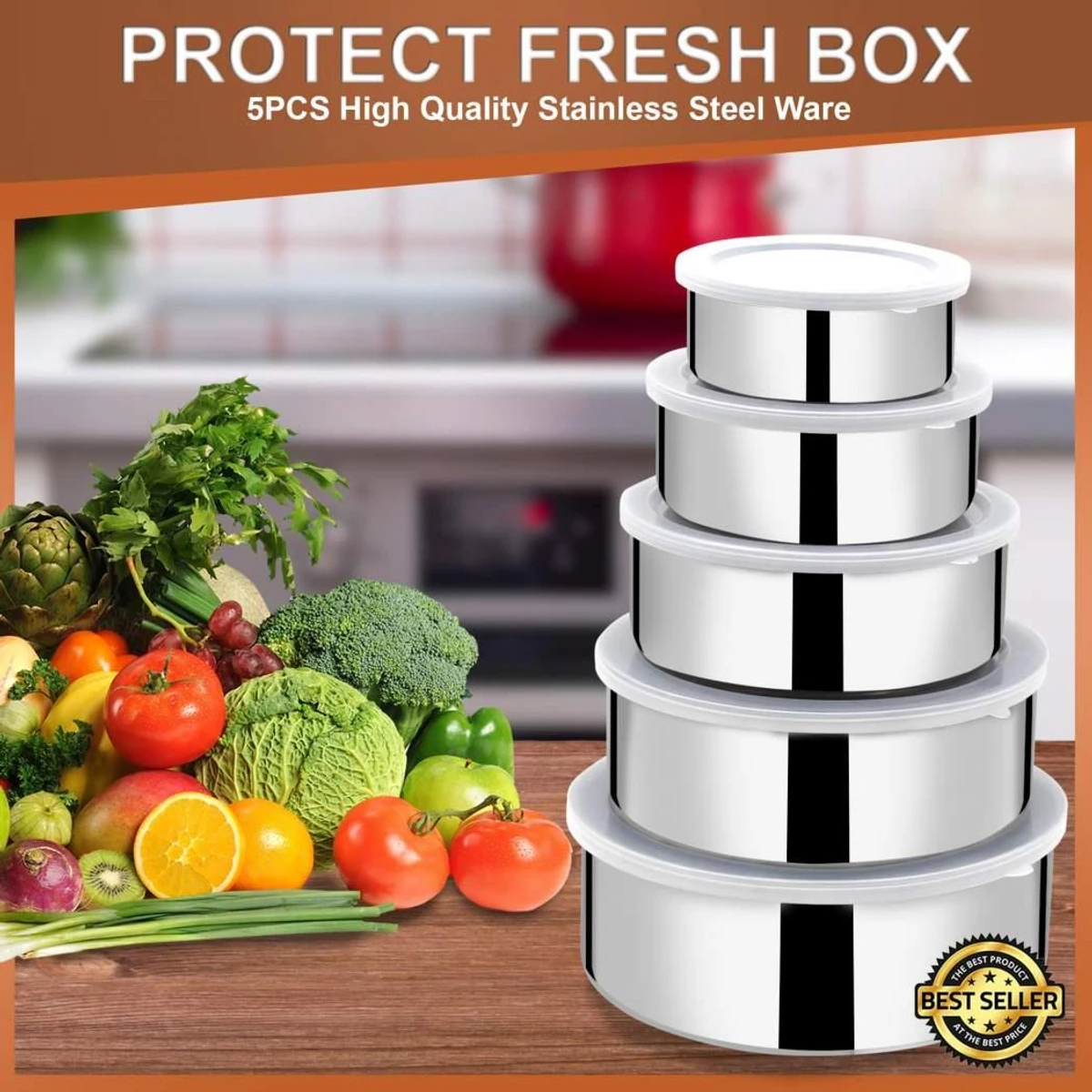 5 Pcs Multifunctional Stainless Steel Protect Fresh Box With Lid