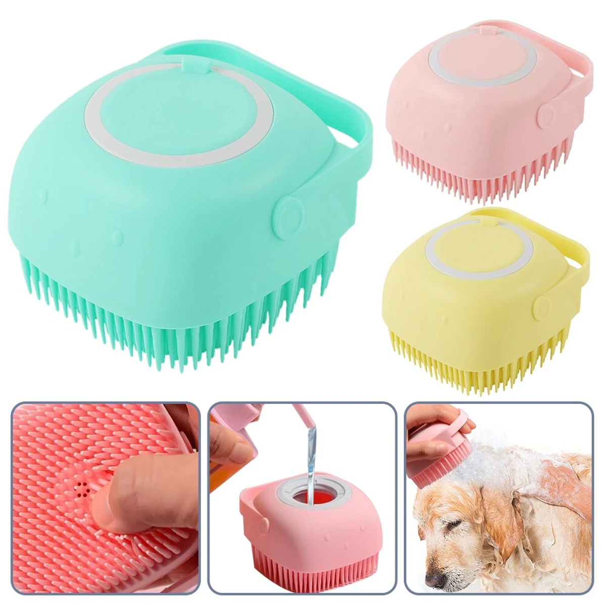 2Pcs Pet Dog Bath Brush Comb Silicone Rubber Dog Grooming Brush Silicone Puppy Massage Brush Hair Fur Grooming Cleaning Brush Soft Shampoo Dispenser