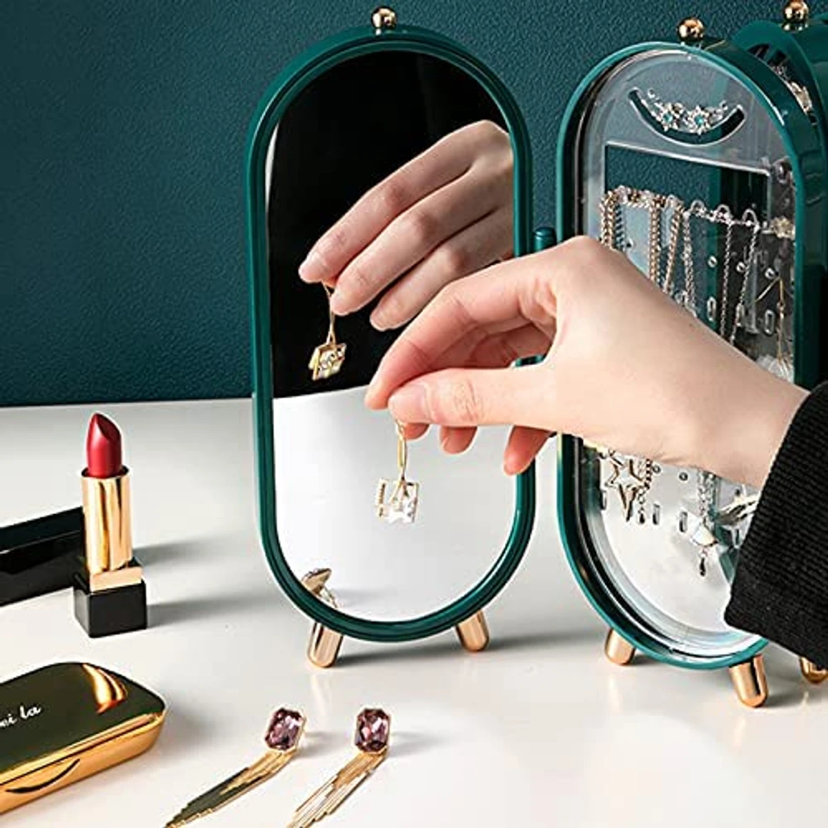 Jewelry organizer, jewelry display storage rack, mirrored foldable earrings necklace holder stand travel case vintage jewelry organizer