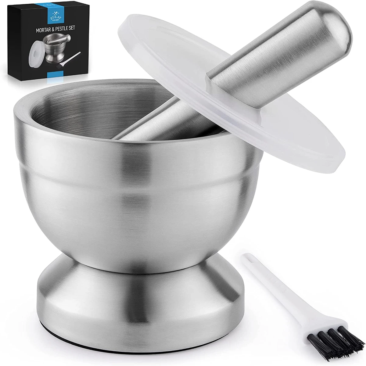 Zulay Kitchen 4-Inch Stainless Steel Mortar and Pestle Set Small - 1 Cup Pestle and Mortar With Protective Lid & Brush - Heavy Duty Mortar Pestle for Molcajete Bowl, Pill Crusher & Spice Herb Grinder