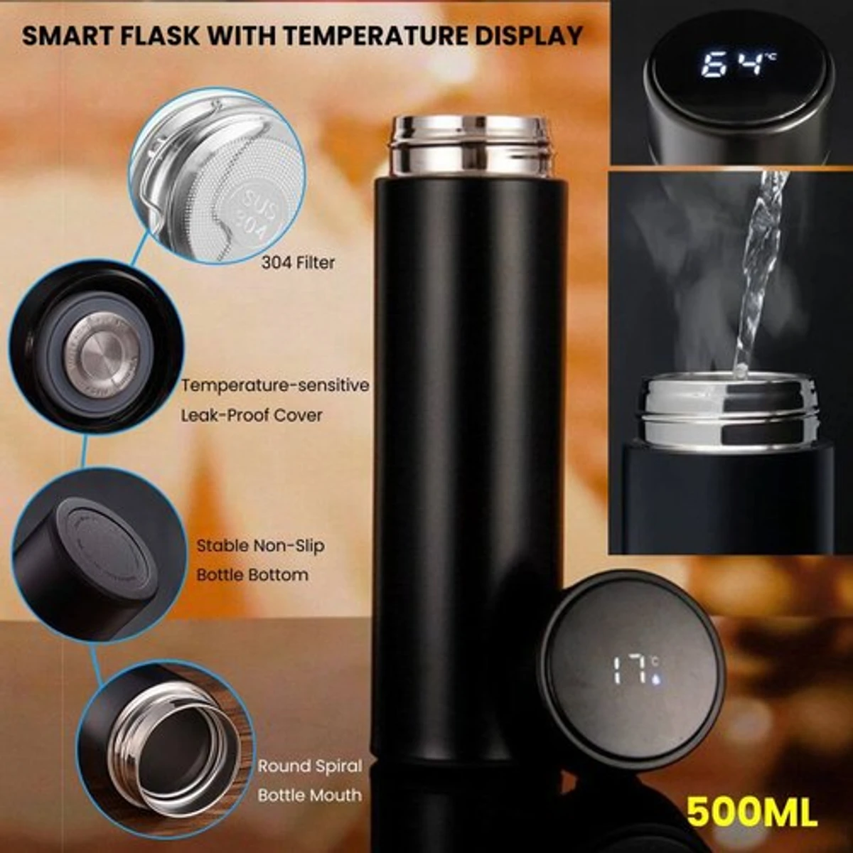 Smart Vacuum Insulated Water Bottle with Automatic LED Temperature Display, Large Flask 500 ML Stainless Steel Drinking Cup