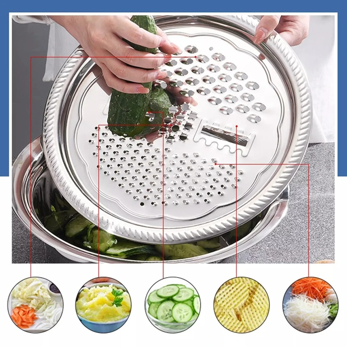 singslife Stainless Steel Basin with Grater Multifunctional Drain Basket with Vegetable Cutter 3 in 1 Cheese Grater with Drain Basin for Washing Vegetables Fruits Salad Maker Bowl