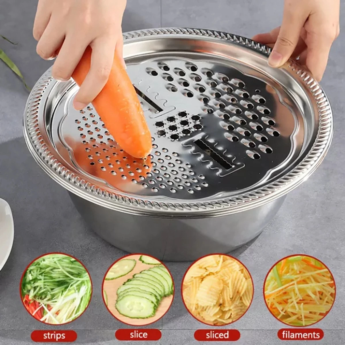 singslife Stainless Steel Basin with Grater Multifunctional Drain Basket with Vegetable Cutter 3 in 1 Cheese Grater with Drain Basin for Washing Vegetables Fruits Salad Maker Bowl