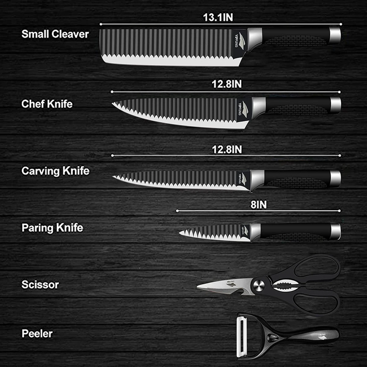 6PCS Black Blade Knife Set Wave Pattern Forged Kitchen Knives Set Stainless Steel Slicer Peeler Scissors