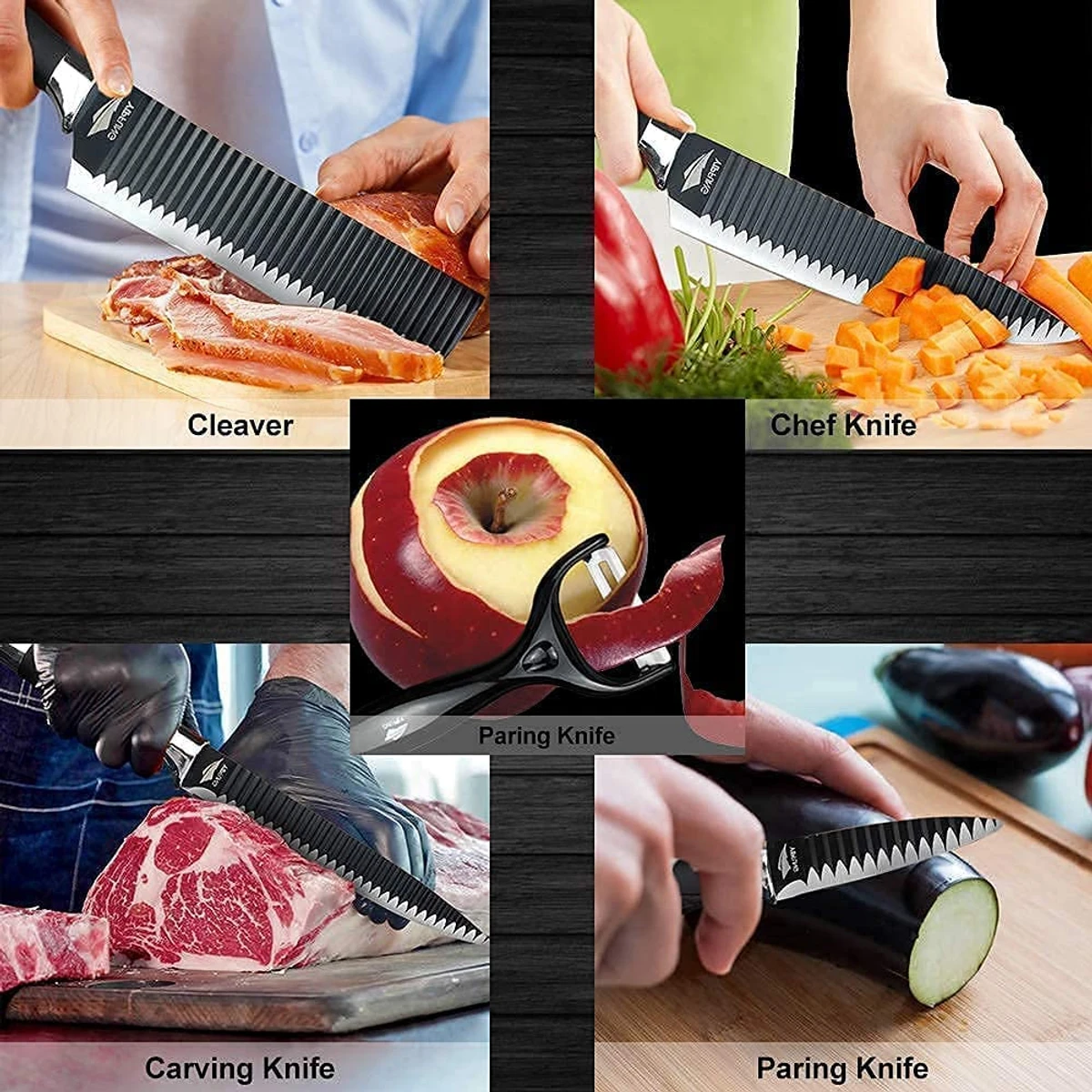 6PCS Black Blade Knife Set Wave Pattern Forged Kitchen Knives Set Stainless Steel Slicer Peeler Scissors